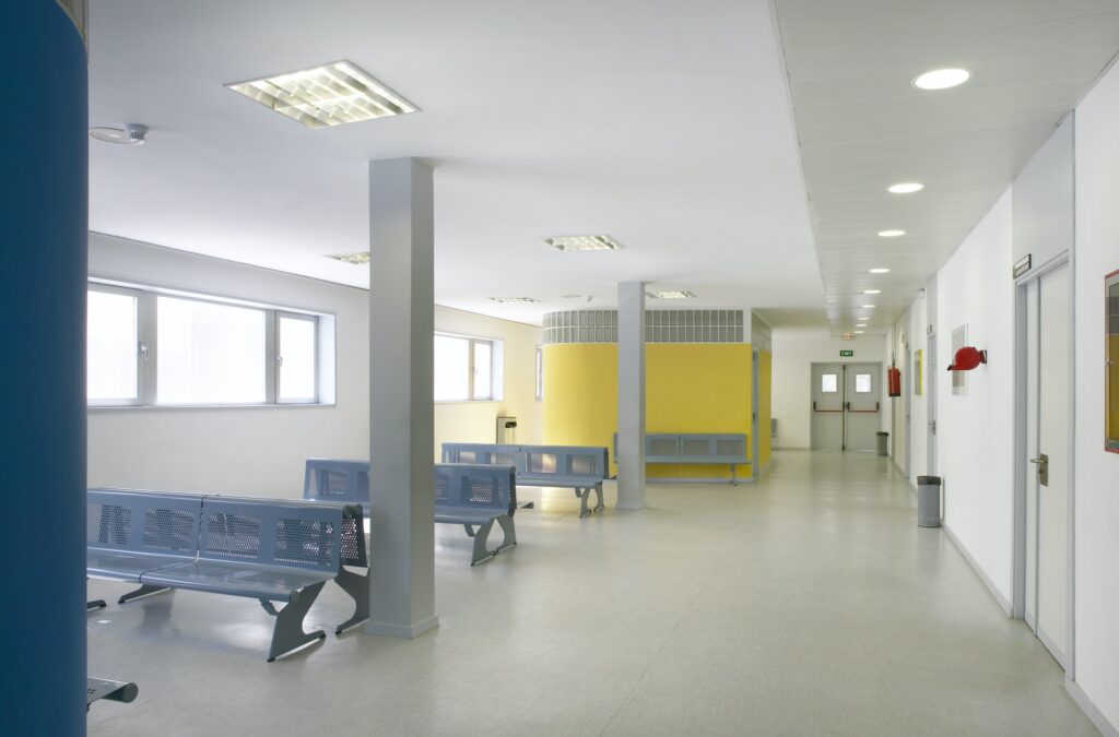Public building waiting area. Hospital interior detail. Nobody. Horizontal